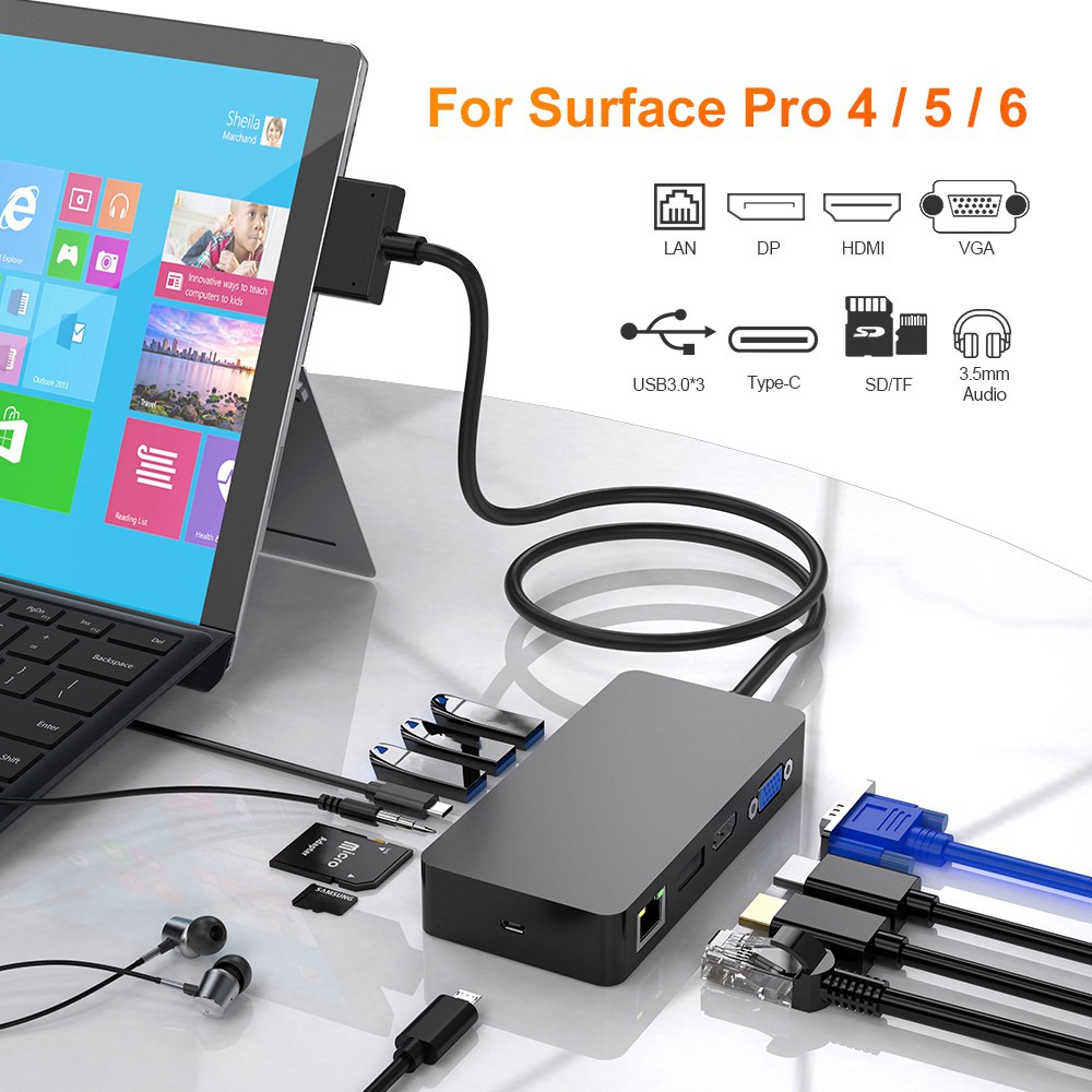 Bộ Chia Cổng Usb 12 Trong 1 Rj45 Ethernet 4k Hdmi Vga Dp Cho Surface Pro 4 / Pro 5 / Pro 6