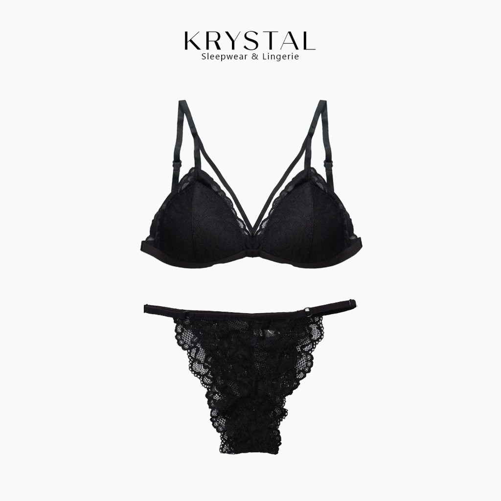 Bộ đồ lót ren không gọng mút mỏng màu đen có dây phối ren họa tiết KRYSTAL Bralette KSB20