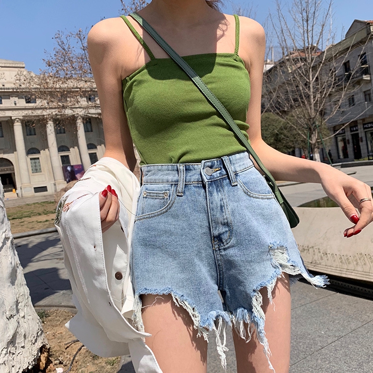 Xiaozhainv Quần short denim màu trơn phối rách thời trang cho nữ | BigBuy360 - bigbuy360.vn