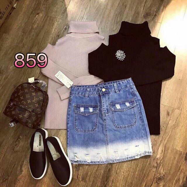 Chân váy jean cotton wax phối nắp túi