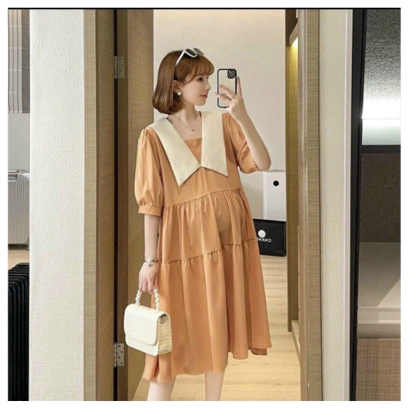 Váy bầu mùa hè - Đầm bầu bigsize dáng tầng cổ lá trắng( hàng đẹp) siêu xinh