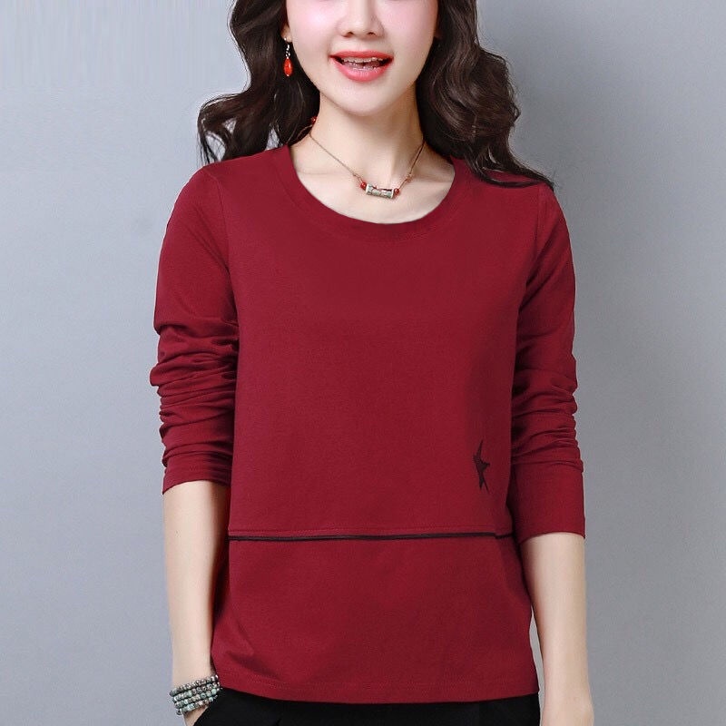 Áo Thun Tay Dài Cổ Tròn Dáng Rộng Màu Sắc Đơn Giản Cho Nữ