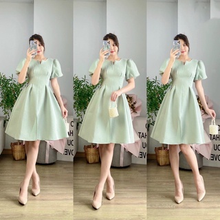 Đầm gấm ❤️freeship❤️ dáng xòe cổ tròn tay phồng ngắn chích eo xẻ tà