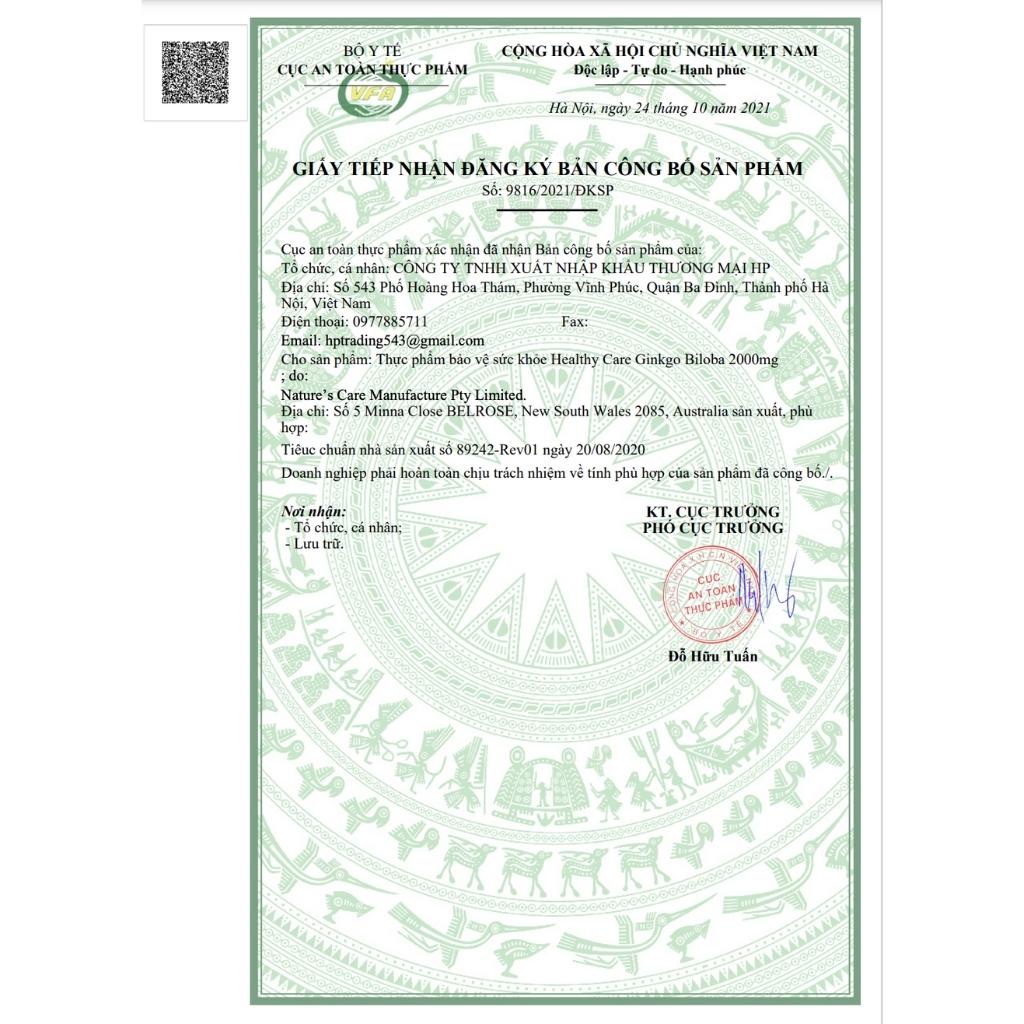 Viên Uống Bổ Não Healthy Care Ginkgo Biloba 2000mg 100 Viên Chuẩn Chính Hãng Úc