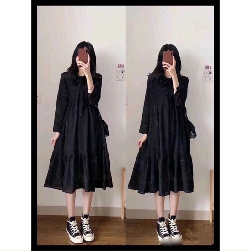 Đầm babydoll hot dáng dài tay phồng có nơ ngực