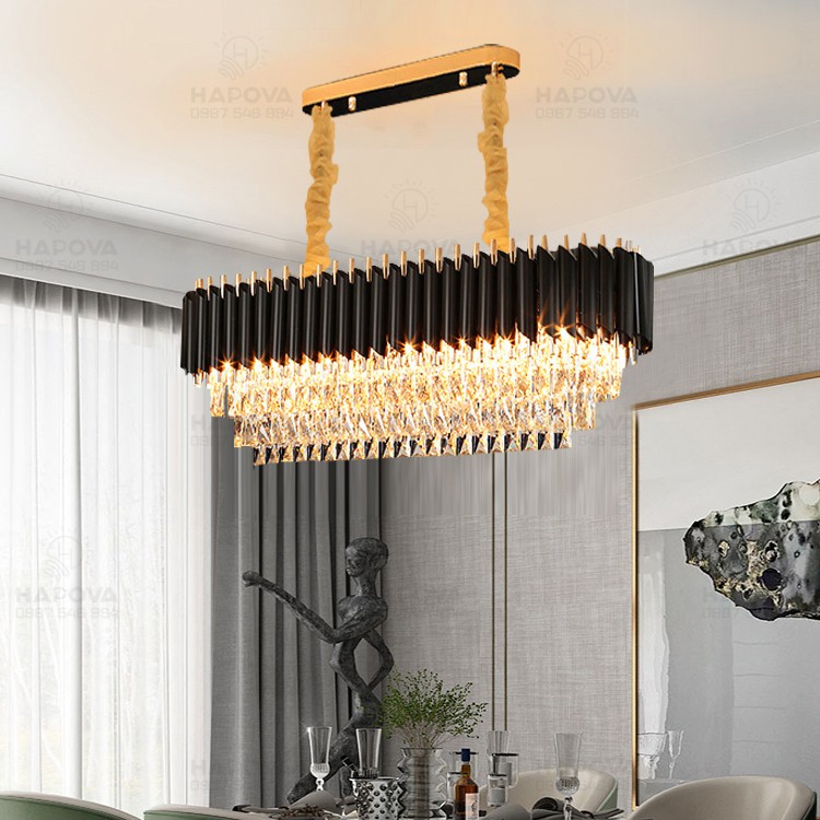 Đèn chùm pha lê cao cấp, đèn treo trần HAPOVA VISDA 3512 Đen dài Cỡ D800x300x300  Kèm bóng 3 Chế độ E14
