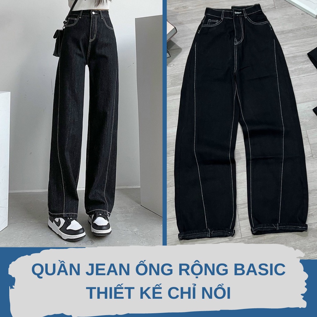 Quần Jean Nữ Phối Chỉ Nổi Ống Suông Rộng Lưng Cao Chất Bò Phong Cách Ulzzang Hàn Quốc 308 | BigBuy360 - bigbuy360.vn