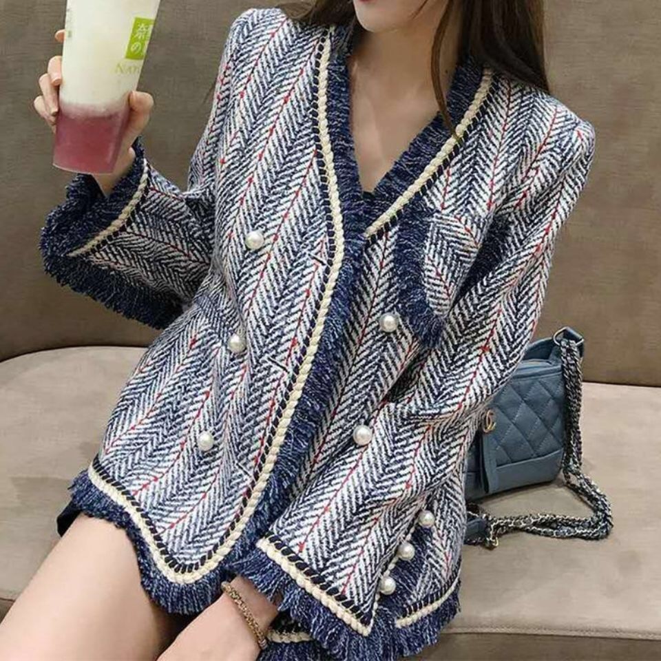 Liu Xiaoxiang Áo Khoác Cardigan Vải Tweed Dày Kẻ Sọc Đính Ngọc Trai Kiểu Retro Hàn Quốc Phương Tây Cho Nữ