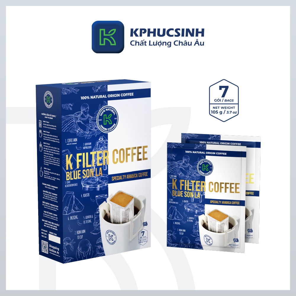 Cà phê Arabica nguyên chất phin giấy K Filter Blue Sơn La 105g/túi KPHUCSINH - Hàng Chính Hãng