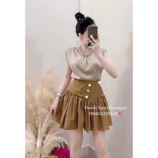 Set áo lụa cổ nhúm mix cv xếp ly đính khuy