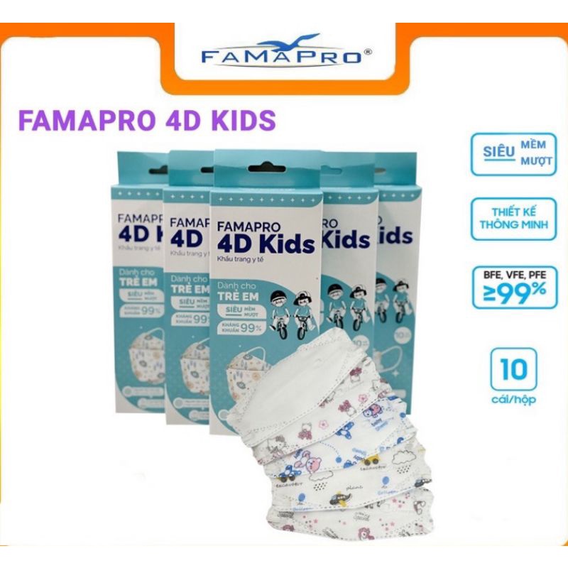 Gói 10 Khẩu trang y tế trẻ em 4D KF94 Tuấn Huy TH / Famapro 4D Kids - bé 3 đến 8 tuổi