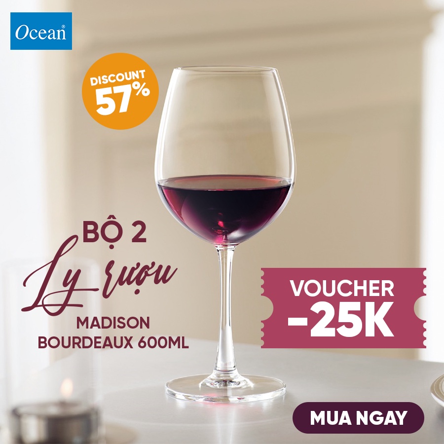 Bộ 2 Ly Thuỷ Tinh Vang Đỏ Ocean Madison Bordeaux 600ml - Chính Hãng