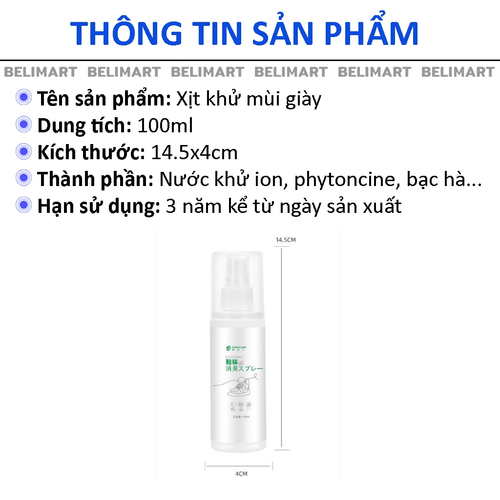 Xịt khử mùi giày dép 100ml giúp kháng khuẩn, tạo hương thơm dịu nhẹ BELI BL032