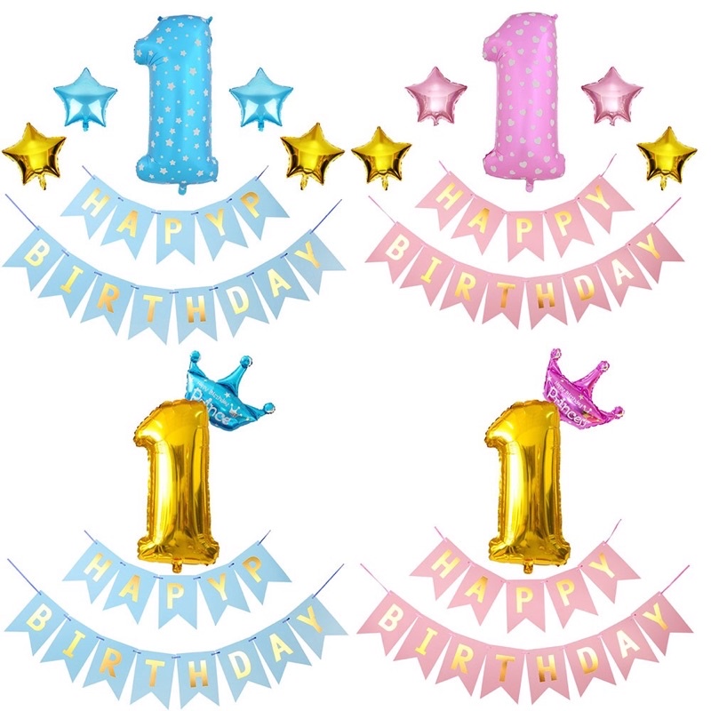Set trang trí sinh nhật 1 tuổi cho bé màu xanh, hồng