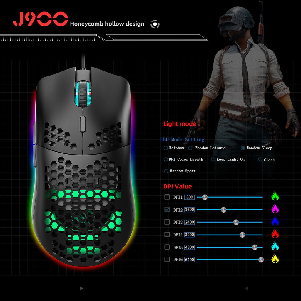 Chuột chơi Game HXJS J900 RGB Lead đổi màu Bề Mặt Lưới Xuyên Thấu Cực Đẹp DPI 6400 chuyên giành cho Game thủ