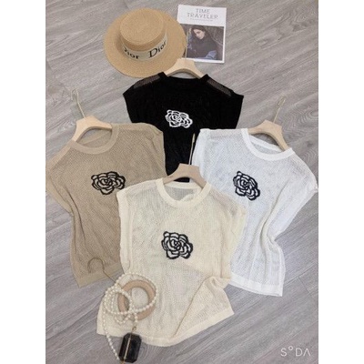 Áo lưới sát nách cổ tròn thêu hoa QC