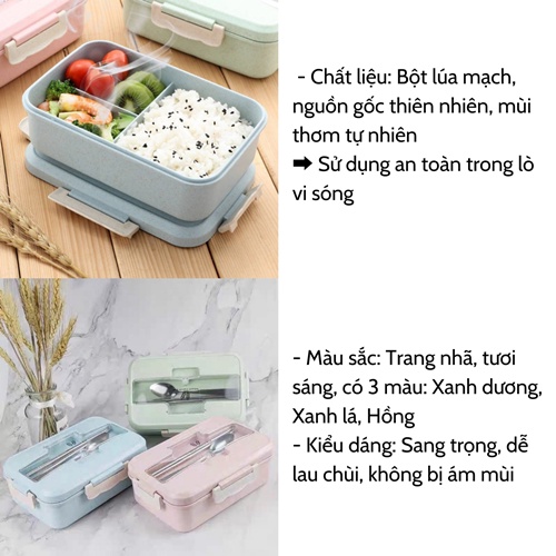 [Freeship] Hộp đựng cơm ♥️ Hộp cơm lúa mạch văn phòng 3 ngăn cao cấp giá rẻ kèm đũa thìa inox sử dụng cho lò vi sóng