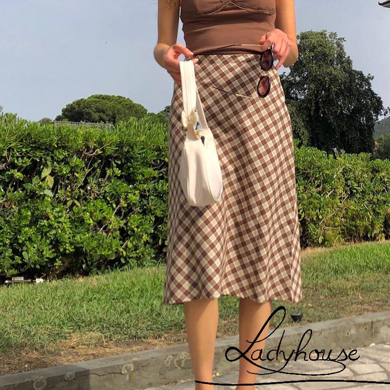 Chân váy dài lưng cao in họa tiết caro màu nâu thời trang size S/ M/ L cho nữ