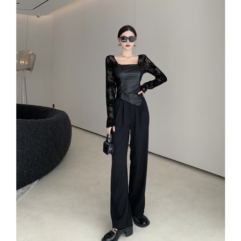 Áo kiểu tay dài cổ vuông phối ren thời trang mùa thu dễ phối đồ