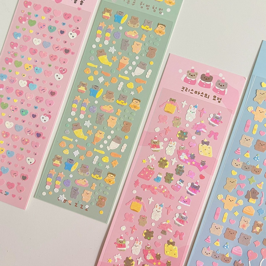 Sticker 15K - Nhãn Dán Mini Gấu Thỏ Có Nhũ Lấp Lánh Trang Trí Polcols/ Toploader Hàn Quốc