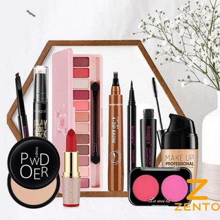 Bộ trang điểm 10 món đầy đủ bộ makeup Phấn phủ Kem nền Phấn má Phấn mắt Son lì Mascara Chì kẻ mày Kẻ mắt Bút tạo khối