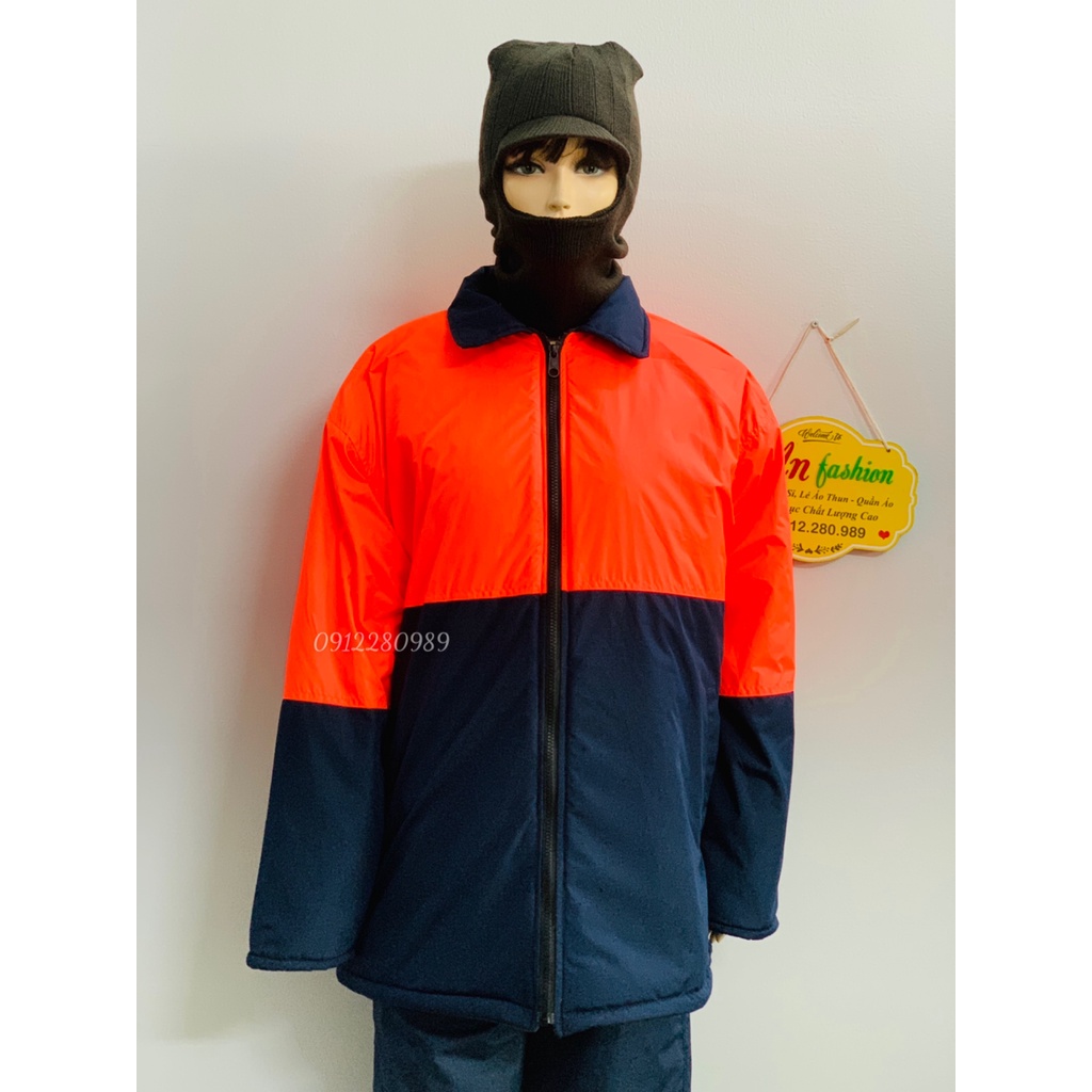 Quần áo bảo hộ trong kho đông lạnh -30 độ có lót lông ấm áp màu xanh đen phối cam neon _ Hình chụp thật
