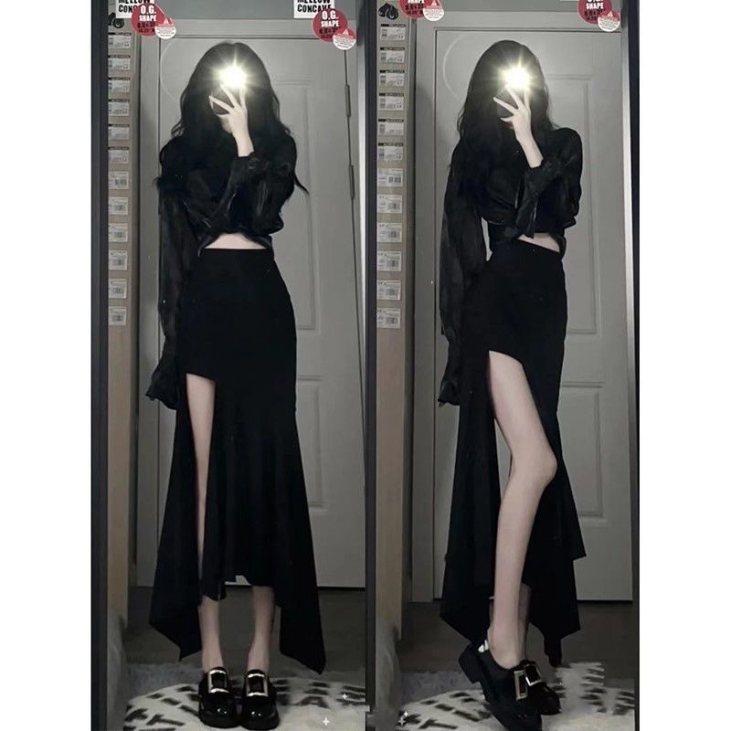 Set Áo Sơ Mi Tay Dài Phối Chân Váy Lưng Cao Màu Đen Phong Cách Retro Cao Cấp Cho Nữ