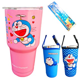 Combo ly giữ nhiệt doremon hồng 900ml (có túi, 2 ống hút, 1 cọ rửa)