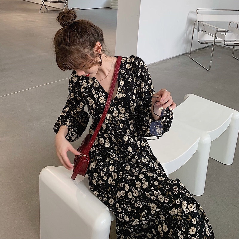 Váy hoa nhí vintage dáng dài phong cách Hàn Quốc