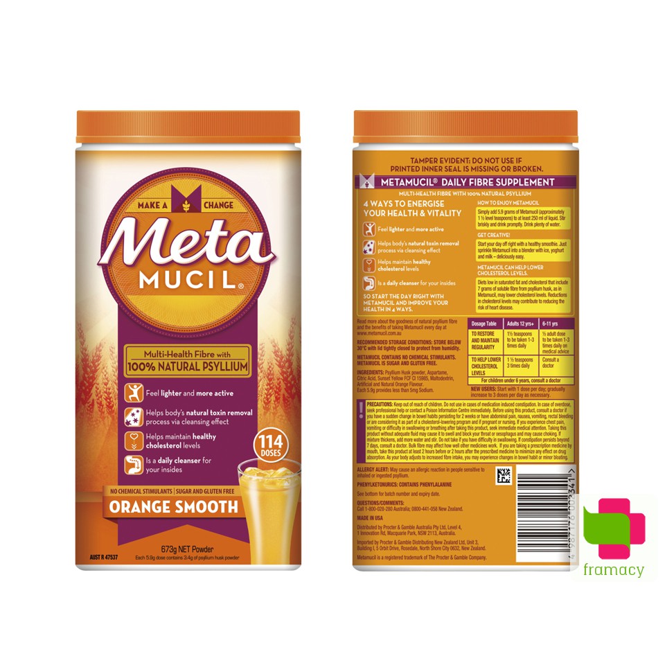 Bột vị cam MetaMucil Fibre, Úc (673g) bổ sung chất xơ cho người lớn và trẻ nhỏ