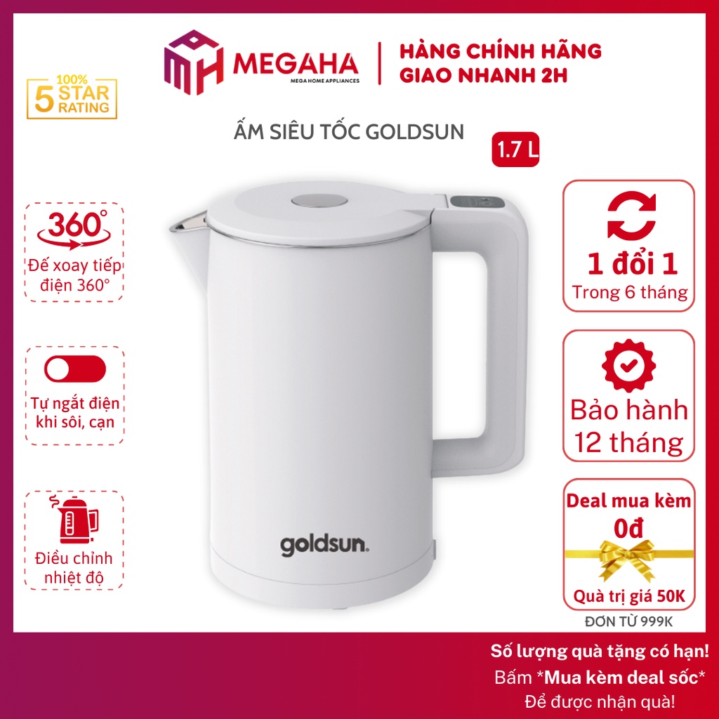 Ấm đun siêu tốc Goldsun GKT2642, bình đun siêu tốc 1.7L, bảo hành 12 tháng