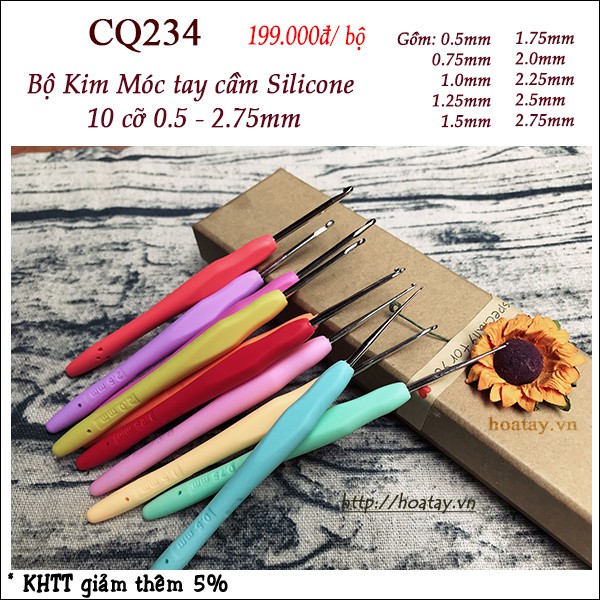 BỘ KIM MÓC TAY CẦM SILICONE 10 CỠ 0.5-2.75MM CQ234
