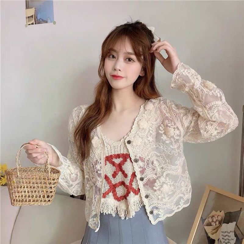 Áo Khoác Cardigan Chống Nắng Tay Dài Dáng Rộng Thêu Hoa Phối Ren Lỗ Cài Nút Thời Trang Cho Nữ
