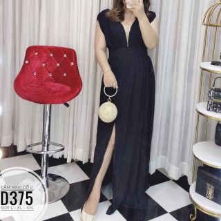 Đầm maxi big size cổ v, đầm dự tiệc size to, Hình thật mẫu mặc sp