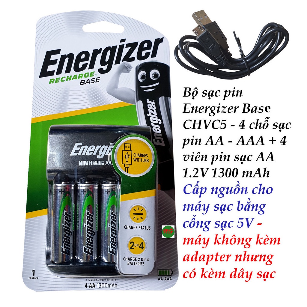 Máy Sạc Pin AA- AAA ENERGIZER CHVC5 kèm 4 viên pin sạc AA 1.2V 1300 mAh - cấp nguồn sạc bằng USB 5V