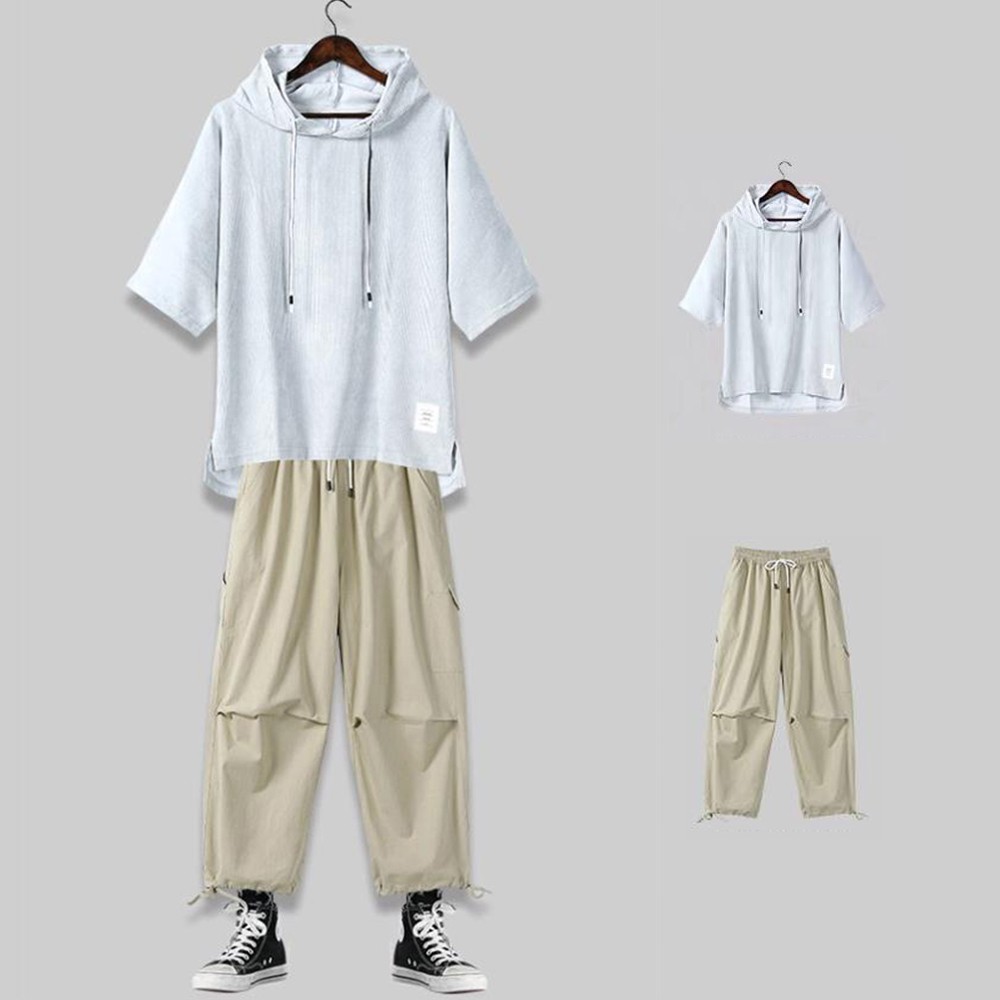 Bộ Quần Áo Thun Nam Thể Thao Mùa Hè Áo Hoodies Ngắn Tay Có Mũ Kết Hợp Quần Jogger Buộc Gấu SET NAM 90000156C | BigBuy360 - bigbuy360.vn