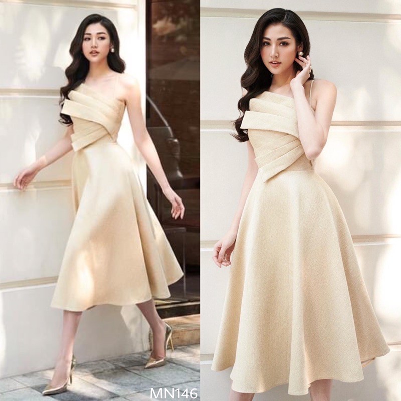 Đầm dự tiệc váy dự tiệc hai dây đắp nơ ngực dáng xoè dệt ánh kim siêu yêu (CÓ ĐỆM NGỰC) MN146 - Đầm Váy Mina