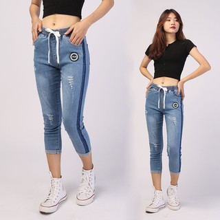 Quần jeans nữ lưng thun SAIGONJEAN 2 viền màu xanh nhạt QD019 - Quần bò 9 tấc lưng thun