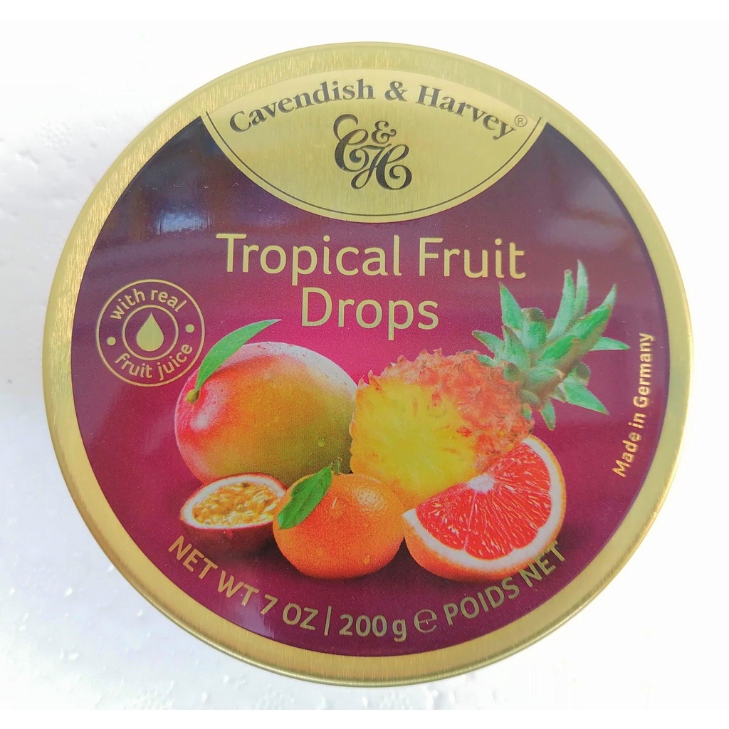 [Hộp thiếc 200g – TROPICAL FRUIT ] KẸO CỨNG VỊ TRÁI CÂY NHIỆT ĐỚI [Germany] CAVENDISH &amp; HARVEY Tropical Fruit Drops