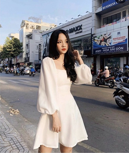 Váy babydoll cổ vuông BlaPink thiết kế tay dài cổ vuông vải dày dặn form chuẩn Đủ Màu (Có ảnh THẬT) | BigBuy360 - bigbuy360.vn