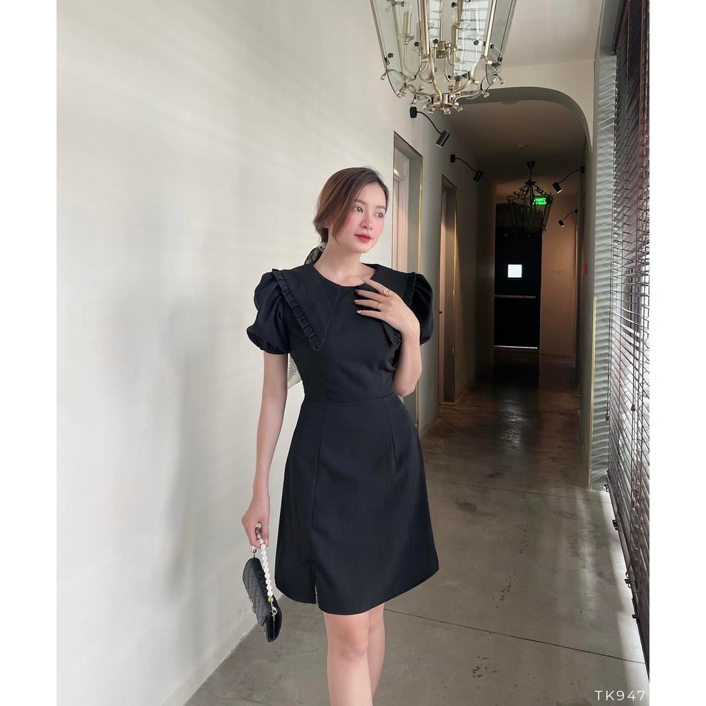 [HÀNG THIẾT KẾ CAO CẤP] Đầm Xòe Tay Phồng Cổ Viền Bèo Công Sở / Đi Tiệc Sang Trọng Màu  Đen