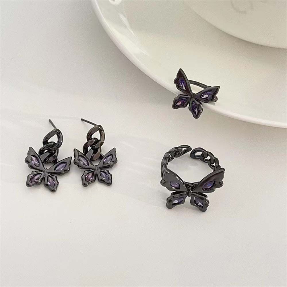 Khuyên tai dạng vòng hở màu trơn hình bướm màu đen phong cách Hàn Quốc cổ điển cho nữ