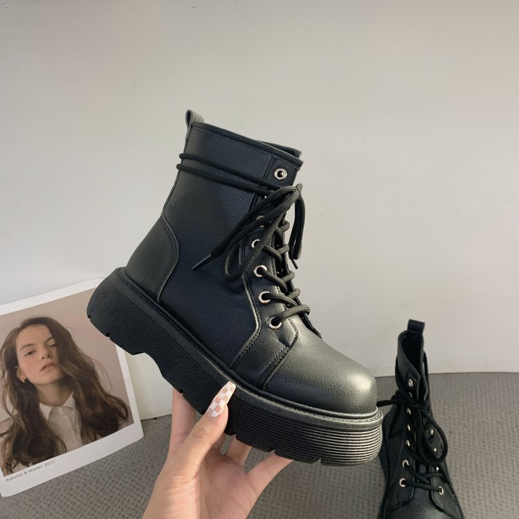 Giày boot Martin ống cao vừa phải mũi tròn cột dây thời trang trẻ trung cho nữ