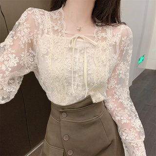 Áo kiểu vải ren khoét lỗ tay dài dáng rộng có kèm áo hai dây lót thời trang dành cho nữ