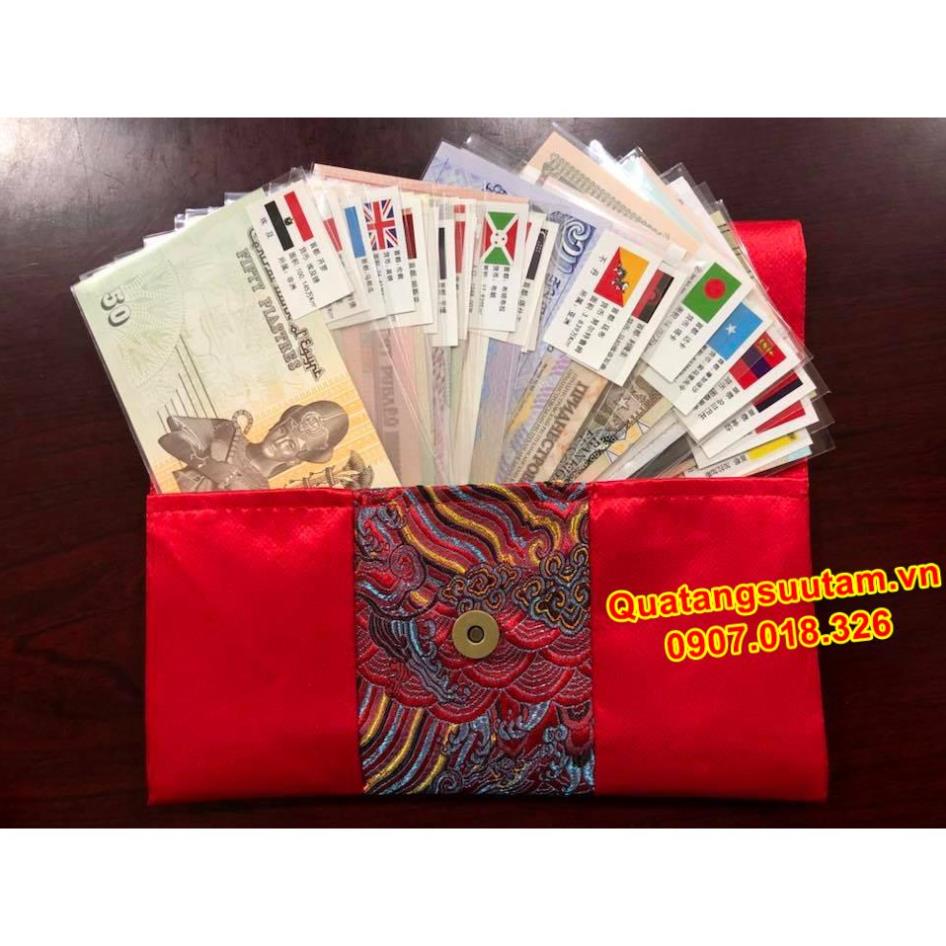 [RƯỚC LỘC] Tiền Lì Xì Độc - Set tiền 52 tờ 28 nước lì xì tết may mắn đựng trong túi thổ cẩm, Quà Tết 2022