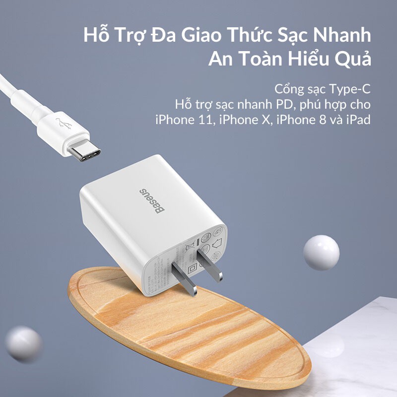 Combo Bộ Cáp Type C to Lightning Và Củ Sạc Nhanh 18W Baseus Dùng Cho iPhone, iPad, Hỗ Trợ PD3.0, QC3.0, SCP, AFC