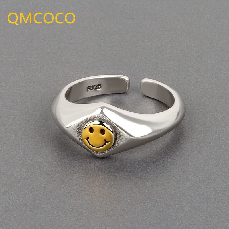 Nhẫn Hở Hình Học Mặt Cười Màu Bạc Có Thể Điều Chỉnh Kích Cỡ Phong Cách Punk Cho Nữ