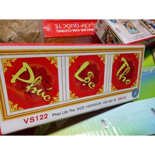 tranh đính đá thư pháp phúc lộc thọ nền đỏ chữ vàng kt 150x50cm