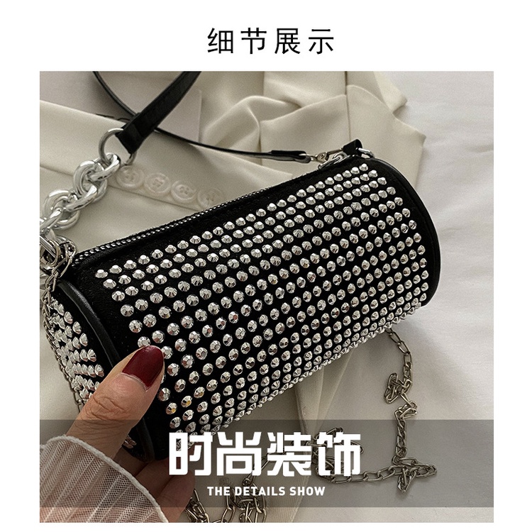 Túi Xách Đeo Vai Hình Trụ Cỡ Nhỏ Đính Đá Lấp Lánh Thời Trang Cao Cấp Cho Nữ