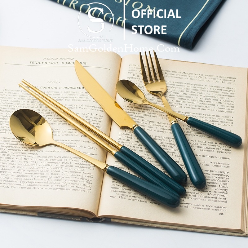 Dao Muỗng Đĩa Đũa Bộ Dụng Cụ Ăn Sang Trọng Inox 304 Ăn Cơm Cafe Tráng Miệng Xanh Lục Mạ Vàng Gold Xanh Cổ Vịt Bắc Âu